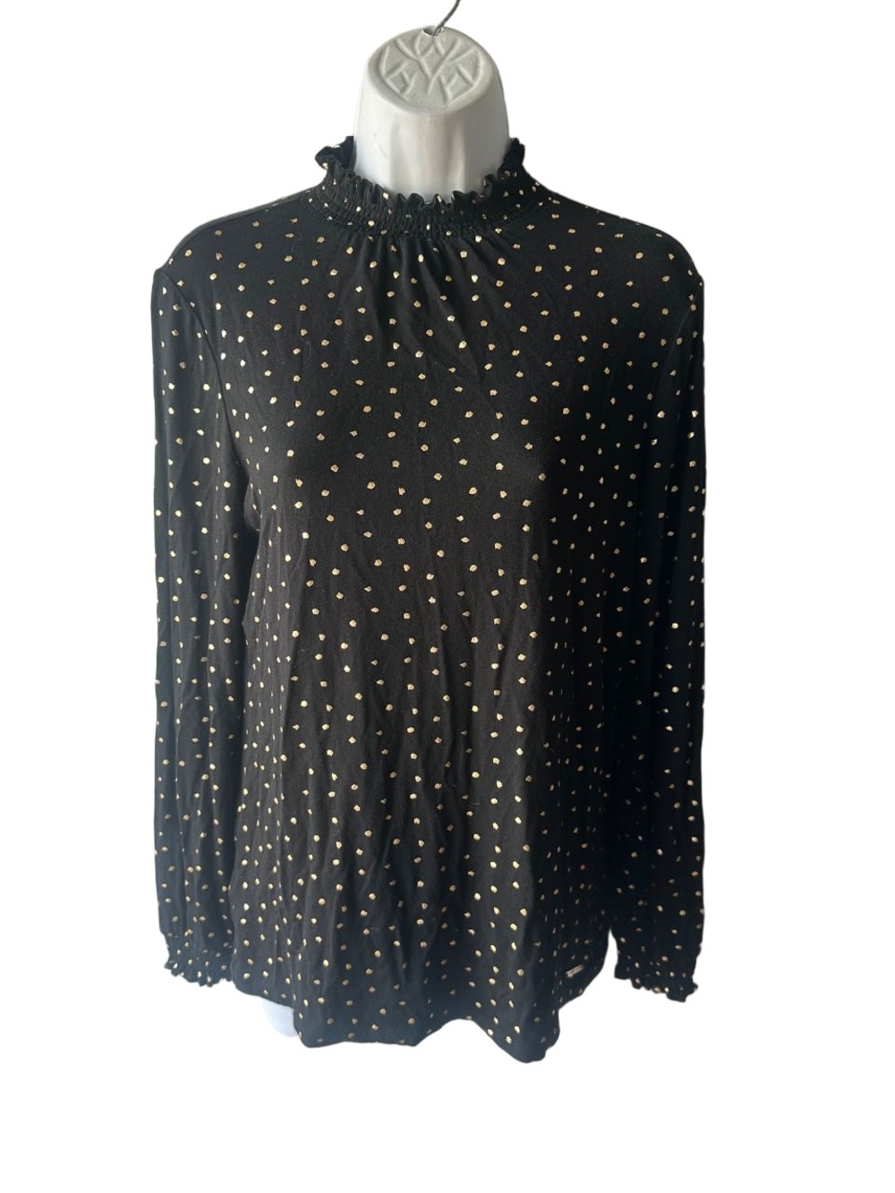 Anne Klein Black Gold Polka Dot Blouse Size S Ruffled Mock Neck Long Sleeve